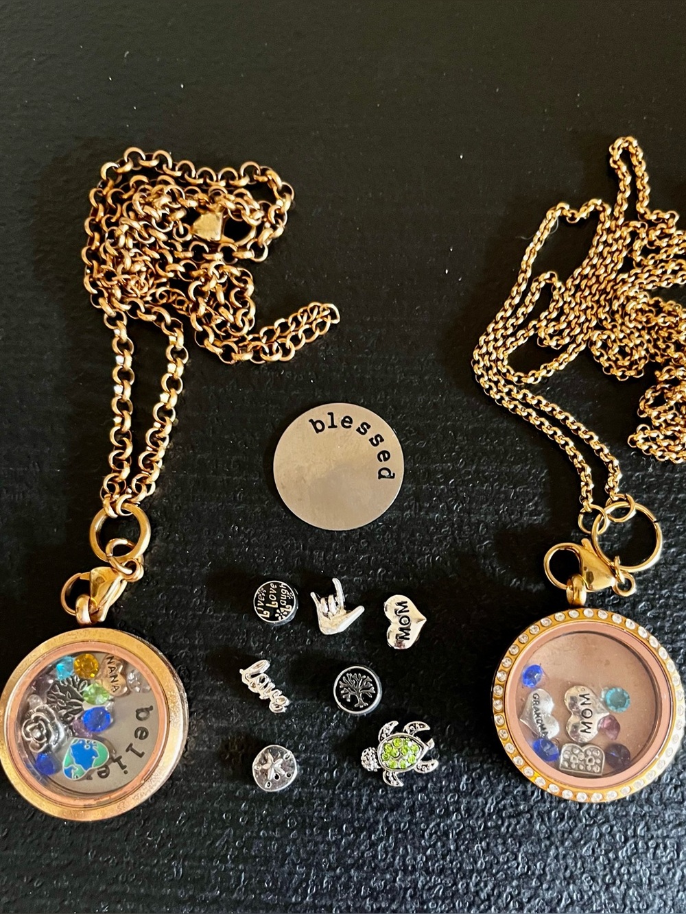2 floating Lockets Necklaces with charms